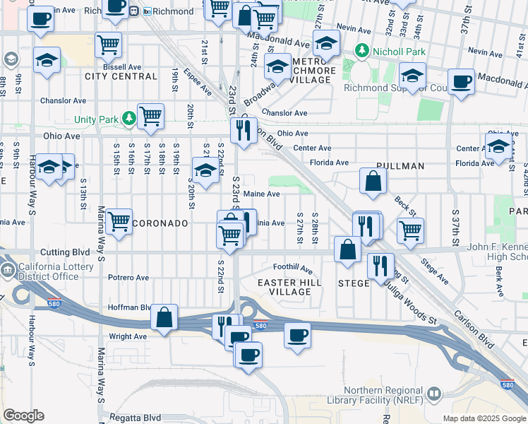 map of restaurants, bars, coffee shops, grocery stores, and more near 345 South 25th Street in Richmond