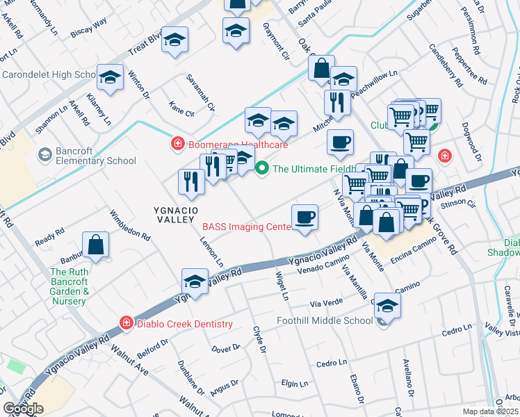 map of restaurants, bars, coffee shops, grocery stores, and more near 250 North Wiget Lane in Walnut Creek