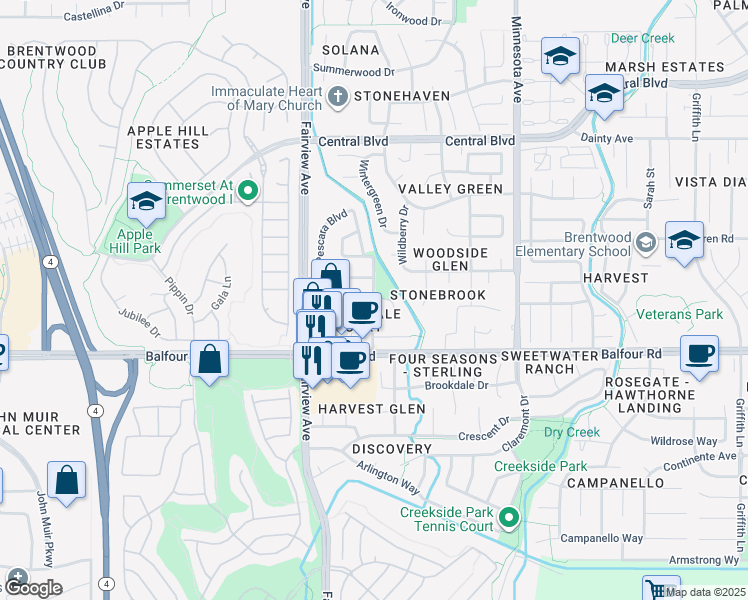 map of restaurants, bars, coffee shops, grocery stores, and more near Rossano Street & Arezzo Street in Brentwood