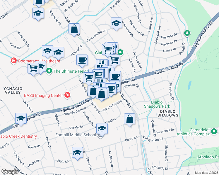 map of restaurants, bars, coffee shops, grocery stores, and more near 2880 Ygnacio Valley Road in Walnut Creek