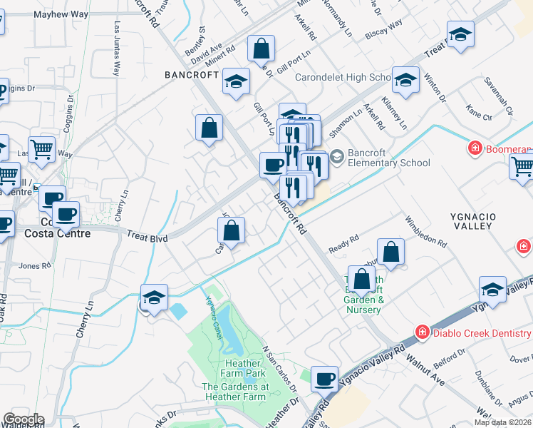 map of restaurants, bars, coffee shops, grocery stores, and more near 2000 Pomar Way in Walnut Creek