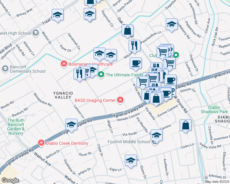 map of restaurants, bars, coffee shops, grocery stores, and more near 2625 Shadelands Drive in Walnut Creek