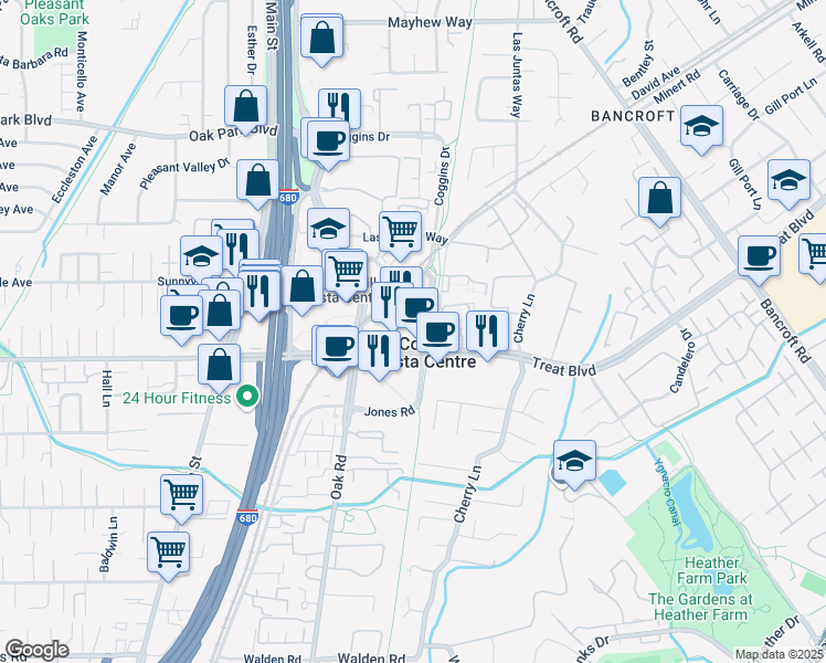 map of restaurants, bars, coffee shops, grocery stores, and more near 116 Jones Road in Walnut Creek