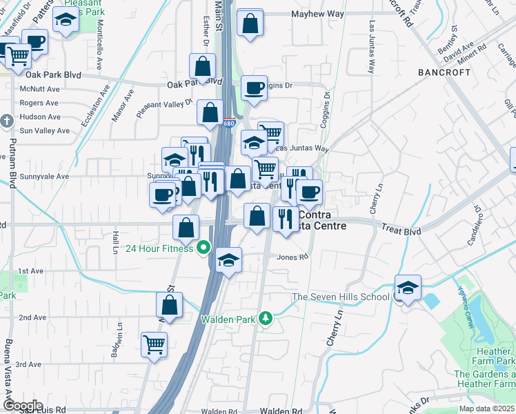 map of restaurants, bars, coffee shops, grocery stores, and more near 1345 Treat Boulevard in Walnut Creek