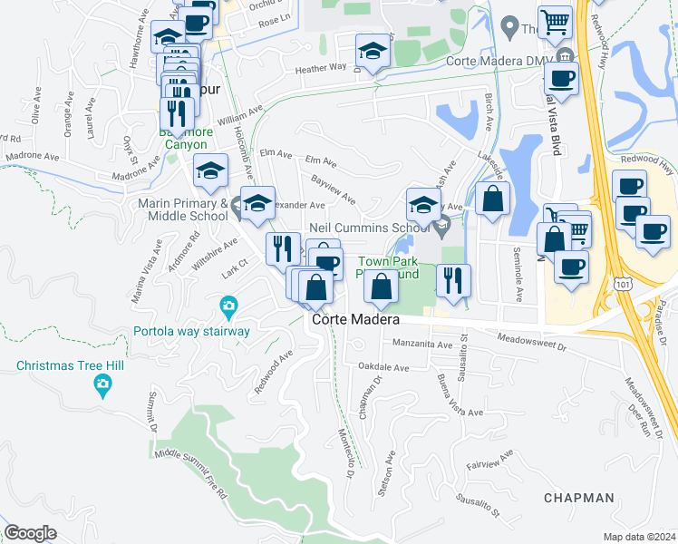 map of restaurants, bars, coffee shops, grocery stores, and more near 113 Willow Avenue in Corte Madera