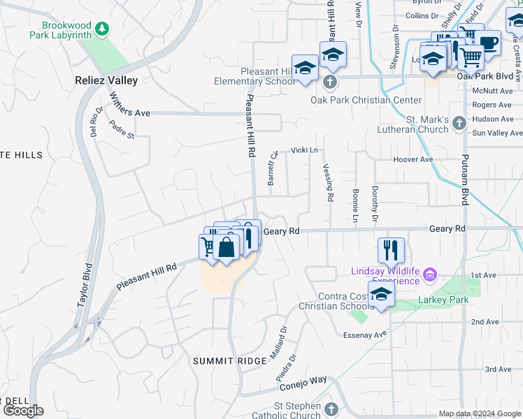 map of restaurants, bars, coffee shops, grocery stores, and more near 258 Barnett Terrace in Pleasant Hill