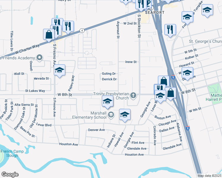 map of restaurants, bars, coffee shops, grocery stores, and more near 1131 Luna Lane in Stockton