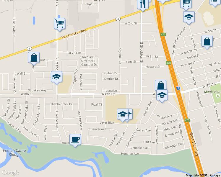 map of restaurants, bars, coffee shops, grocery stores, and more near 1247 Luna Lane in Stockton