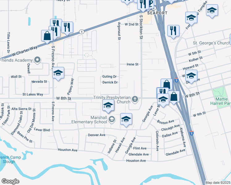 map of restaurants, bars, coffee shops, grocery stores, and more near 1131 Luna Lane in Stockton