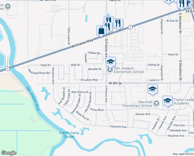 map of restaurants, bars, coffee shops, grocery stores, and more near 1934 Fort Hall Place in Stockton