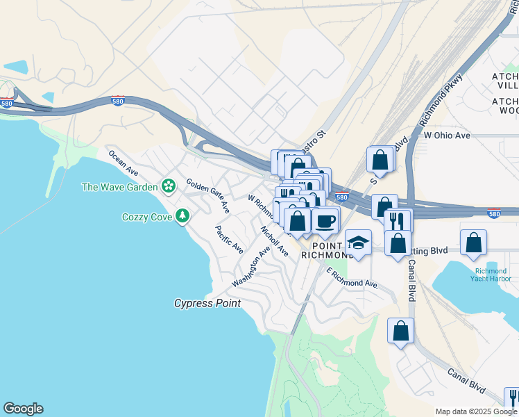 map of restaurants, bars, coffee shops, grocery stores, and more near 421 West Richmond Avenue in Richmond