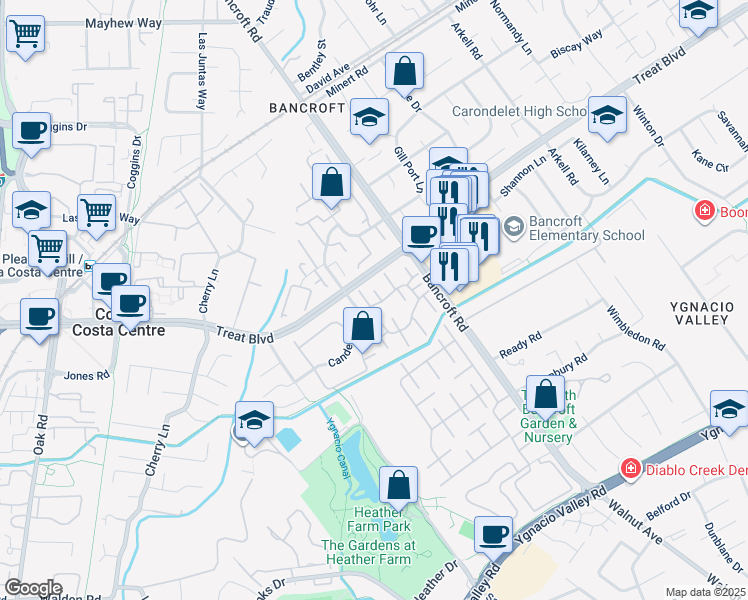 map of restaurants, bars, coffee shops, grocery stores, and more near 1841 Olmo Way in Walnut Creek