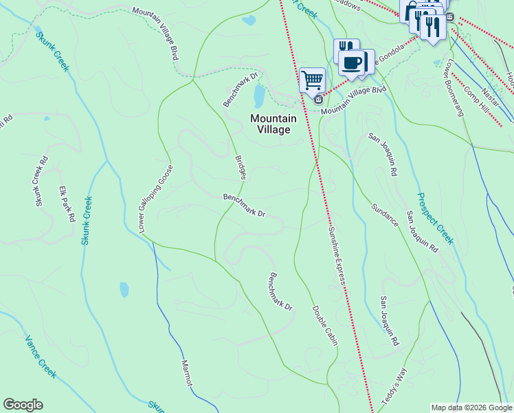 map of restaurants, bars, coffee shops, grocery stores, and more near 303 Benchmark Drive in Mountain Village