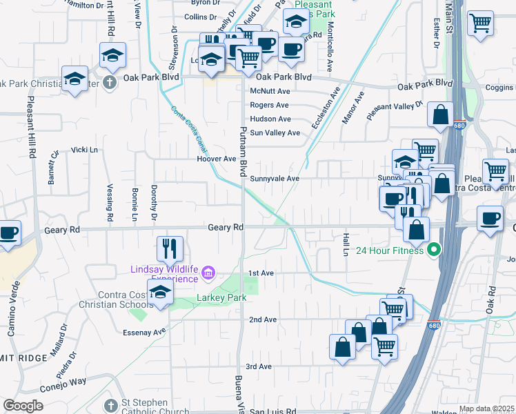 map of restaurants, bars, coffee shops, grocery stores, and more near 2940 Putnam Boulevard in Walnut Creek