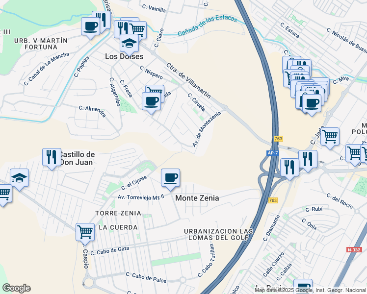 map of restaurants, bars, coffee shops, grocery stores, and more near 6 Avenida de Montezenia in Orihuela