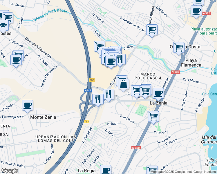 map of restaurants, bars, coffee shops, grocery stores, and more near in Alicante