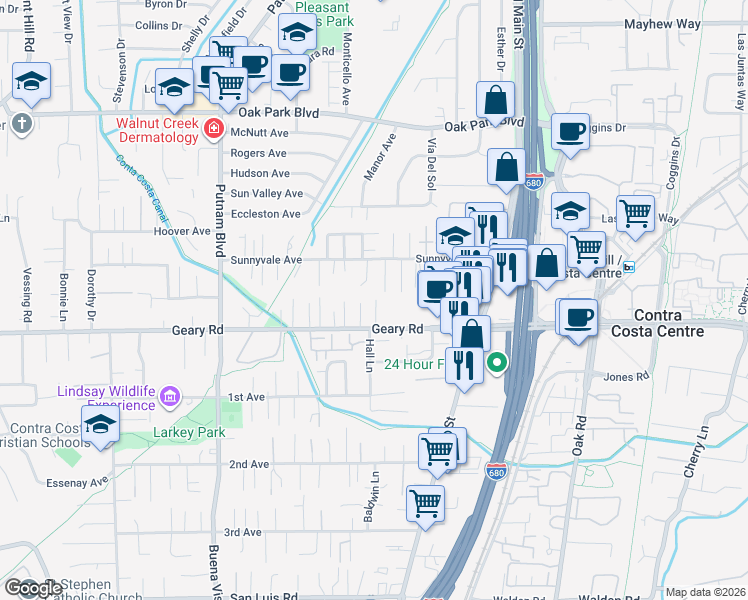 map of restaurants, bars, coffee shops, grocery stores, and more near 1584 Geary Road in Walnut Creek