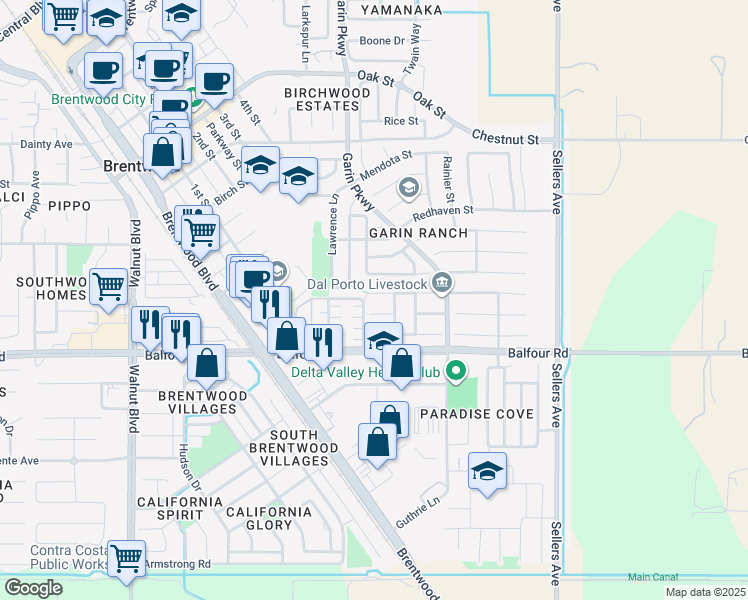 map of restaurants, bars, coffee shops, grocery stores, and more near 574 Bartlett Court in Brentwood