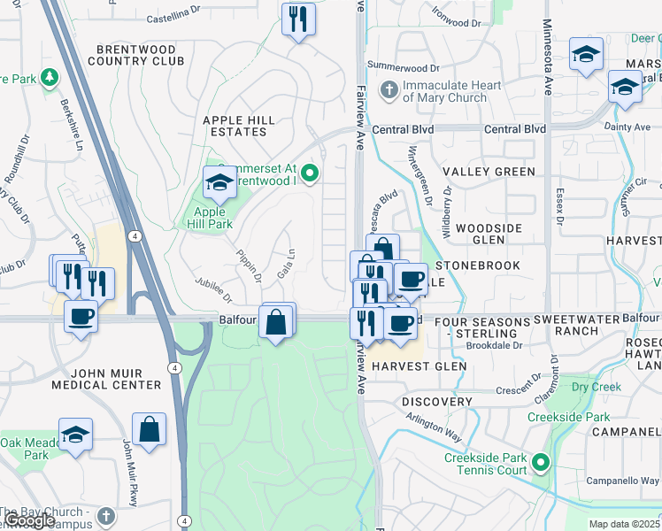 map of restaurants, bars, coffee shops, grocery stores, and more near 1532 Carlton Way in Brentwood