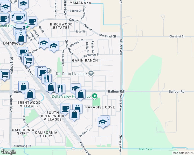 map of restaurants, bars, coffee shops, grocery stores, and more near 744 Brooks Street in Brentwood