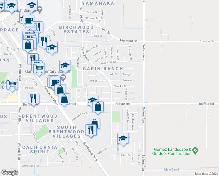 map of restaurants, bars, coffee shops, grocery stores, and more near 694 Bartlett Court in Brentwood