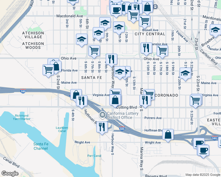 map of restaurants, bars, coffee shops, grocery stores, and more near 333 Harbour Way South in Richmond
