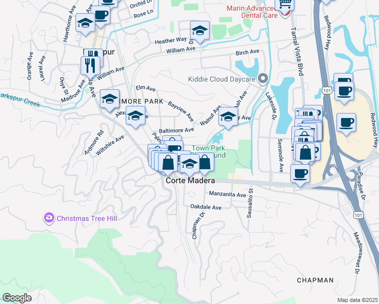 map of restaurants, bars, coffee shops, grocery stores, and more near 47 Redwood Avenue in Corte Madera