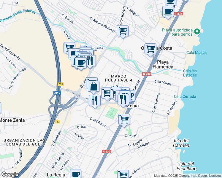map of restaurants, bars, coffee shops, grocery stores, and more near Calle Lapislázuli in Orihuela