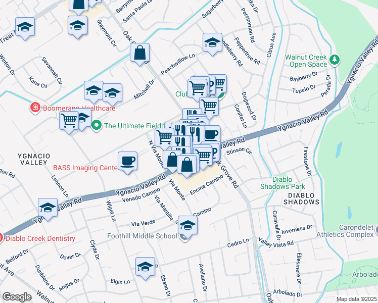 map of restaurants, bars, coffee shops, grocery stores, and more near 2880 Ygnacio Valley Road in Walnut Creek