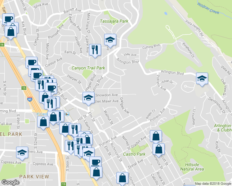 map of restaurants, bars, coffee shops, grocery stores, and more near 6843 Snowdon Avenue in El Cerrito