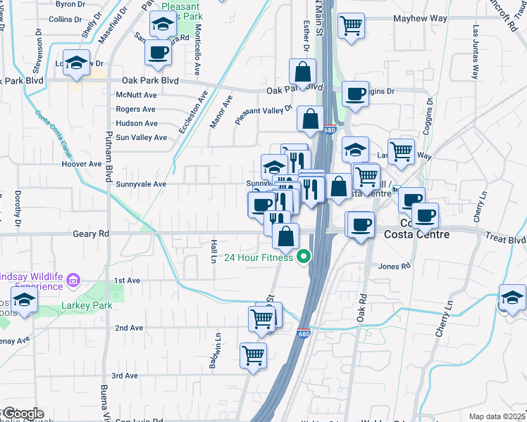 map of restaurants, bars, coffee shops, grocery stores, and more near 1595 Sunnyvale Avenue in Walnut Creek