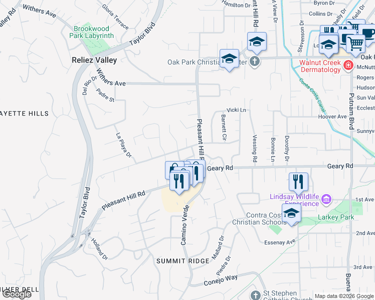 map of restaurants, bars, coffee shops, grocery stores, and more near 1650 Glen Oak Court in Lafayette