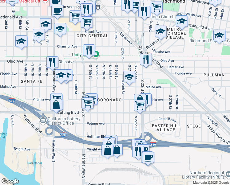 map of restaurants, bars, coffee shops, grocery stores, and more near 330 South 18th Street in Richmond