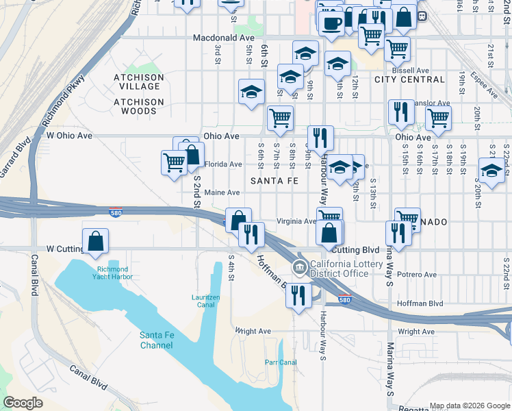 map of restaurants, bars, coffee shops, grocery stores, and more near 335 South 6th Street in Richmond