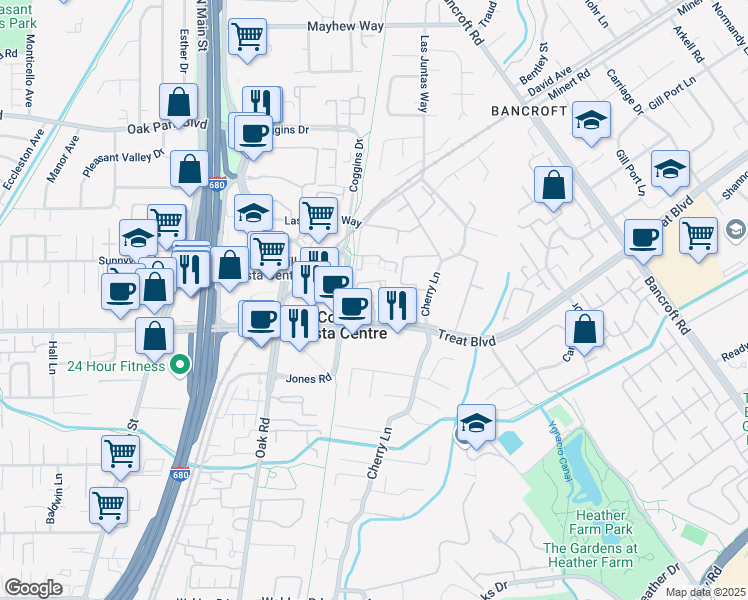 map of restaurants, bars, coffee shops, grocery stores, and more near 1451 Treat Boulevard in Walnut Creek