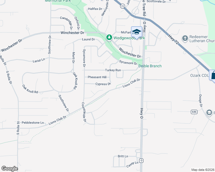 map of restaurants, bars, coffee shops, grocery stores, and more near 1001 Cypress Drive in Rolla