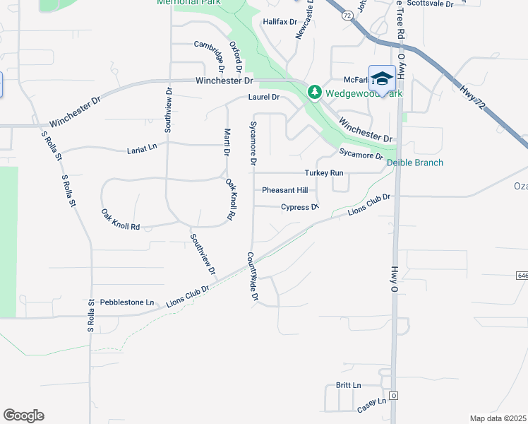map of restaurants, bars, coffee shops, grocery stores, and more near 1015 Cypress Drive in Rolla