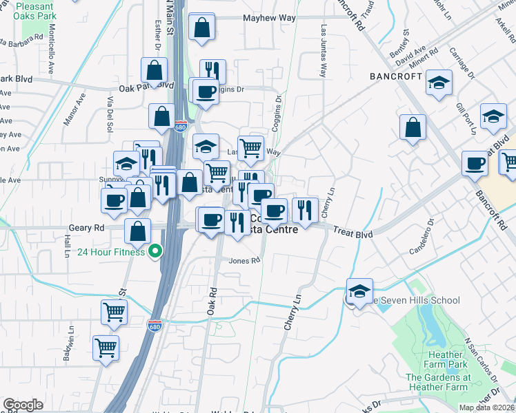 map of restaurants, bars, coffee shops, grocery stores, and more near 1001 Harvey Drive in Walnut Creek