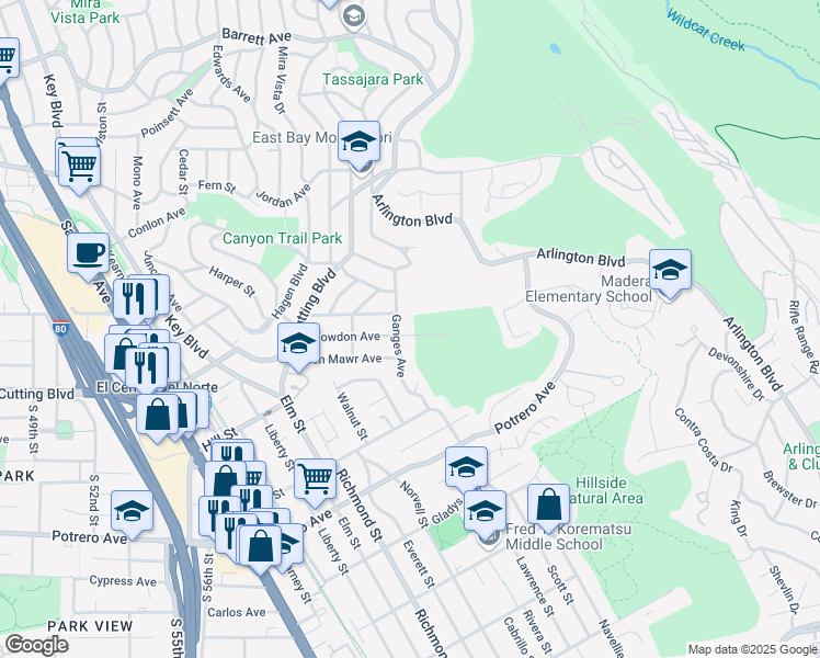 map of restaurants, bars, coffee shops, grocery stores, and more near 6921 Snowdon Avenue in El Cerrito