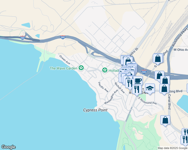 map of restaurants, bars, coffee shops, grocery stores, and more near 494 Western Drive in Richmond