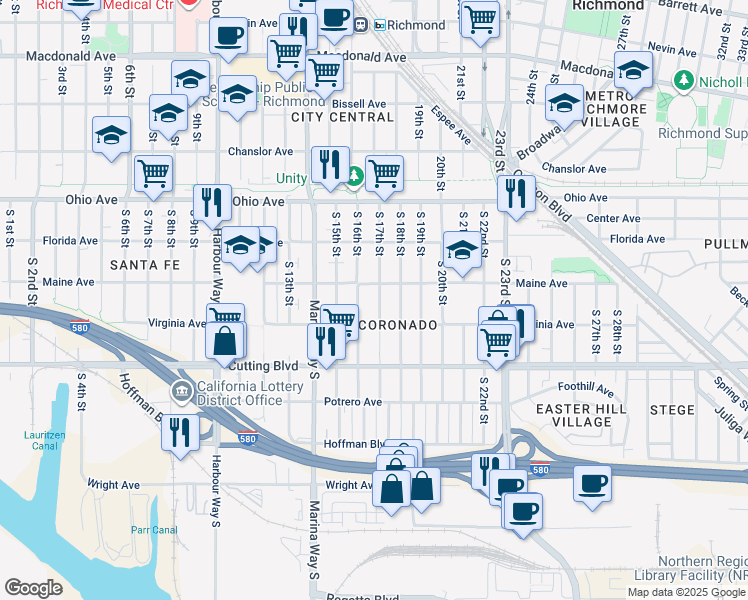 map of restaurants, bars, coffee shops, grocery stores, and more near 329 South 17th Street in Richmond