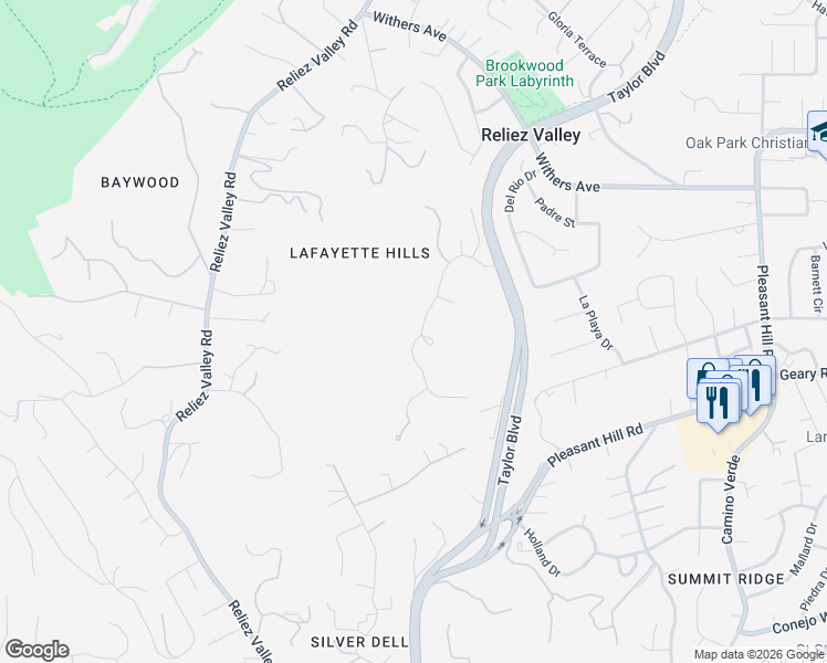 map of restaurants, bars, coffee shops, grocery stores, and more near 3252 Greenhills Drive in Lafayette