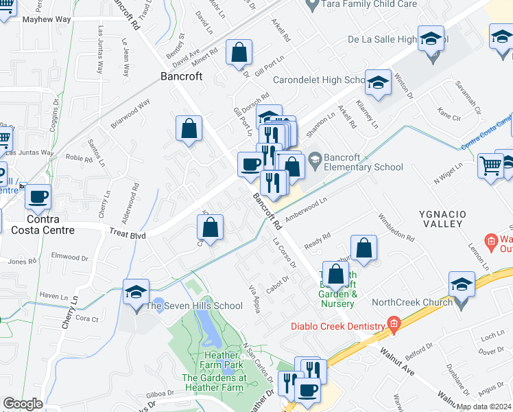 map of restaurants, bars, coffee shops, grocery stores, and more near 2000 Pomar Way in Walnut Creek