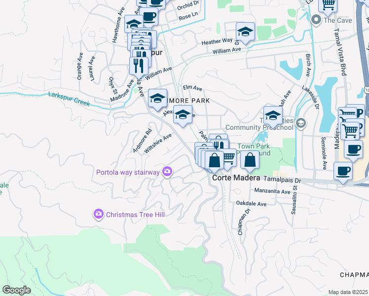 map of restaurants, bars, coffee shops, grocery stores, and more near 3 Corte Madera Avenue in Corte Madera