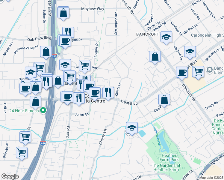 map of restaurants, bars, coffee shops, grocery stores, and more near 1471 Treat Boulevard in Walnut Creek