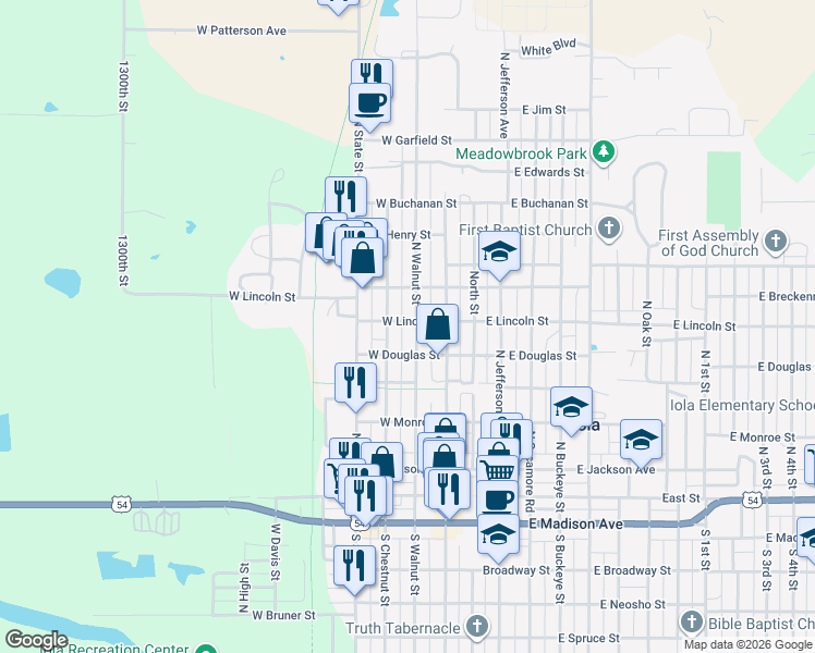 map of restaurants, bars, coffee shops, grocery stores, and more near 251-299 W Lincoln St in Iola