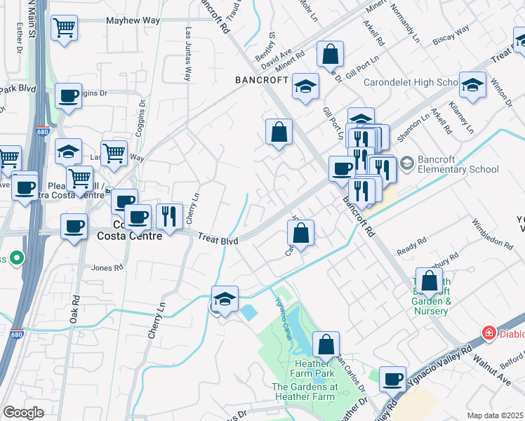 map of restaurants, bars, coffee shops, grocery stores, and more near 100 Candelero Place in Walnut Creek