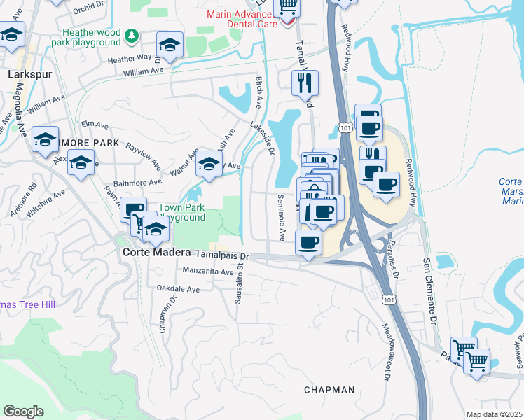 map of restaurants, bars, coffee shops, grocery stores, and more near 20 Lakeside Drive in Corte Madera