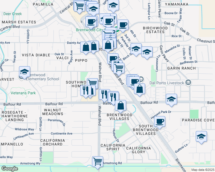 map of restaurants, bars, coffee shops, grocery stores, and more near 35 Patricia Street in Brentwood