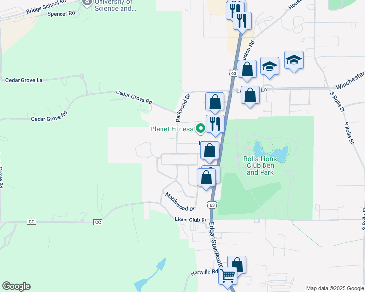 map of restaurants, bars, coffee shops, grocery stores, and more near 553 Kent Lane in Rolla